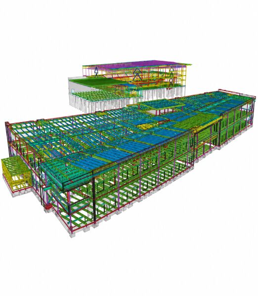 Little Elm HS steel model with raker-beam and roof-joist coordination callouts across Areas A–F