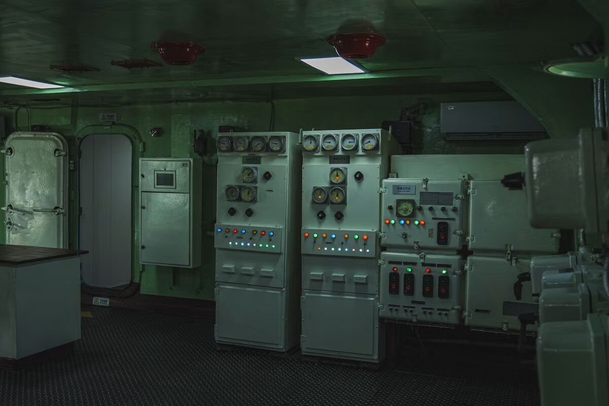 Plant control room with electrical panels and gauges