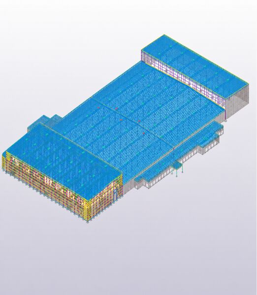 Isometric Tekla steel model of the Ajin USA plant showing the main steel, secondary steel and panel embed framing being coordinated across trades