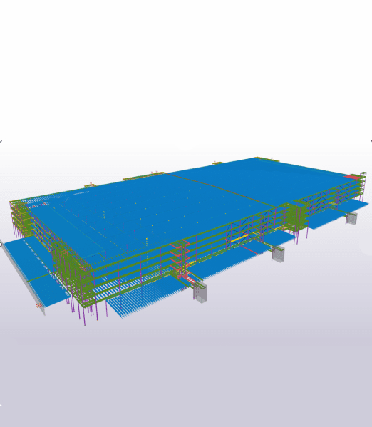 Steel framing model of the Amazon North Andover fulfillment center with embed and connection detail callouts