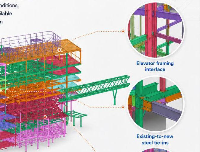 CCMC Tower model with elevator framing interface and existing-to-new steel tie-in callouts