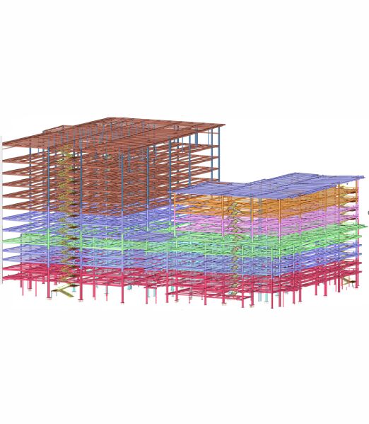 ICCU Plaza steel model with ramp framing, BRB connection and support steel detail callouts
